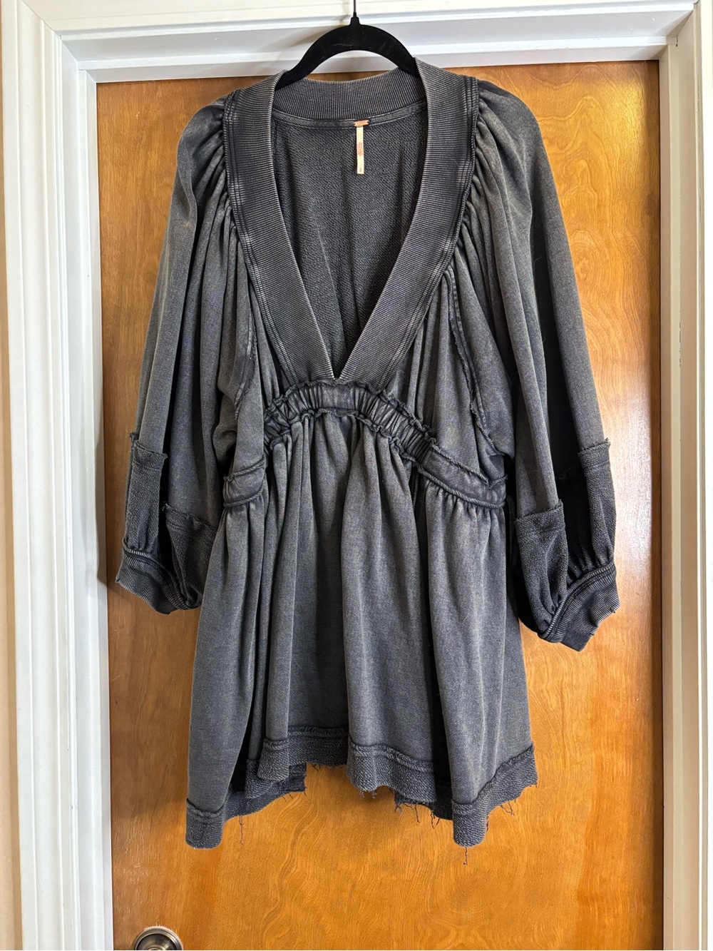 Free People Washed Charcoal Deep V Smocked Tunic